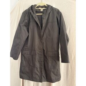 Vintage LL Bean Trench Rain Coat Womens Med Army Green Wool Lining Hood Classic